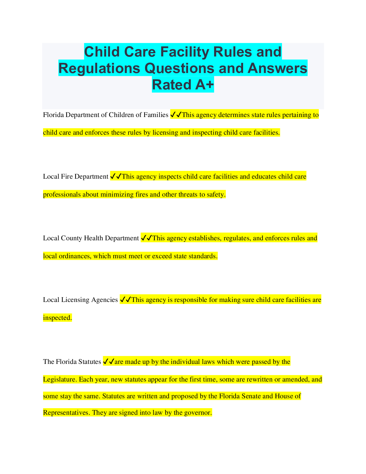 Child Care Facility Rules and Regulations Questions and Answers Rated